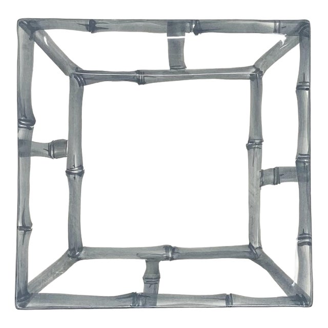 Fret Rim Tray — Italian Hand-Painted Ceramic, Bamboo Motif, Gray For Sale