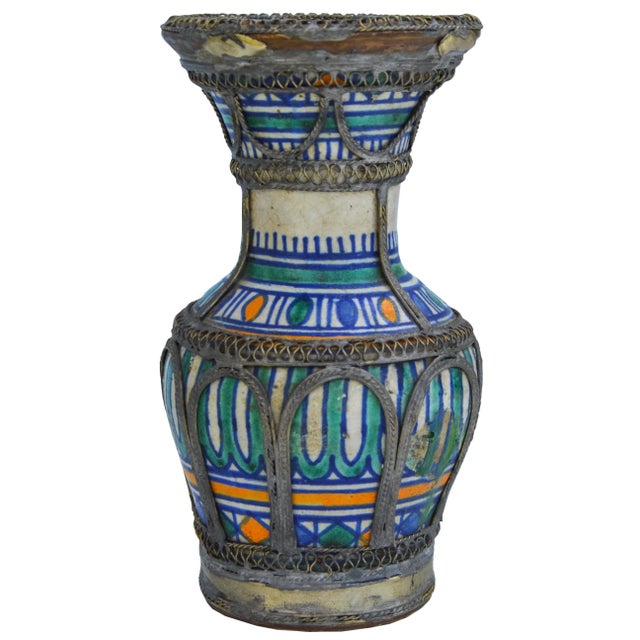Moroccan Antique Moroccan Ceramic Vase With Filigree For Sale - Image 3 of 6