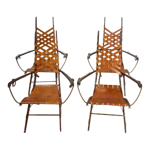 1960's Alberto Marconetti Leather, Iron and Wood Arm Chairs - Set of 4