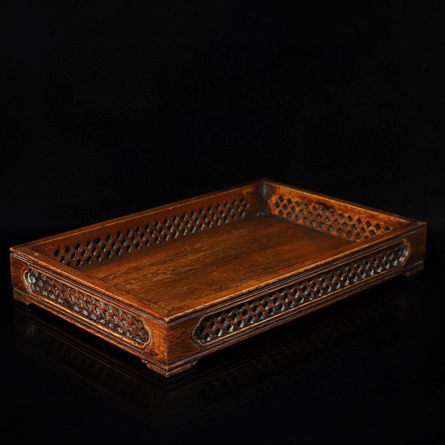 Chinese Huali Rosewood Rectangular Tray With Openwork Carving For Sale - Image 3 of 9