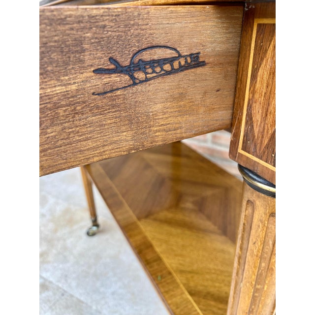 Neoclassic French Marquetry Side Table With One Drawer And Wheels 1940s For Sale - Image 12 of 18