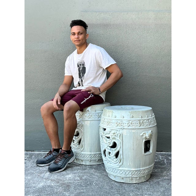 Vintage Glazed Ceramic Garden Stools - A Pair For Sale - Image 4 of 12