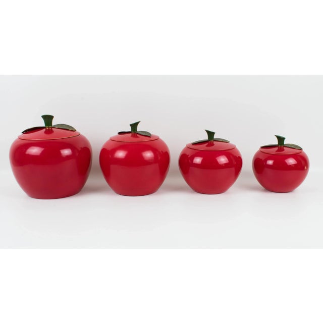 Mid-Century Kitchen Canister Cookie Jar Red Enamel Aluminum Apple, Set of 4 Pc For Sale In Atlanta - Image 6 of 13