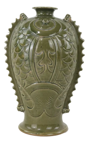 Chinese Celadon Glazed Fish-Form Vase With Relief Carving