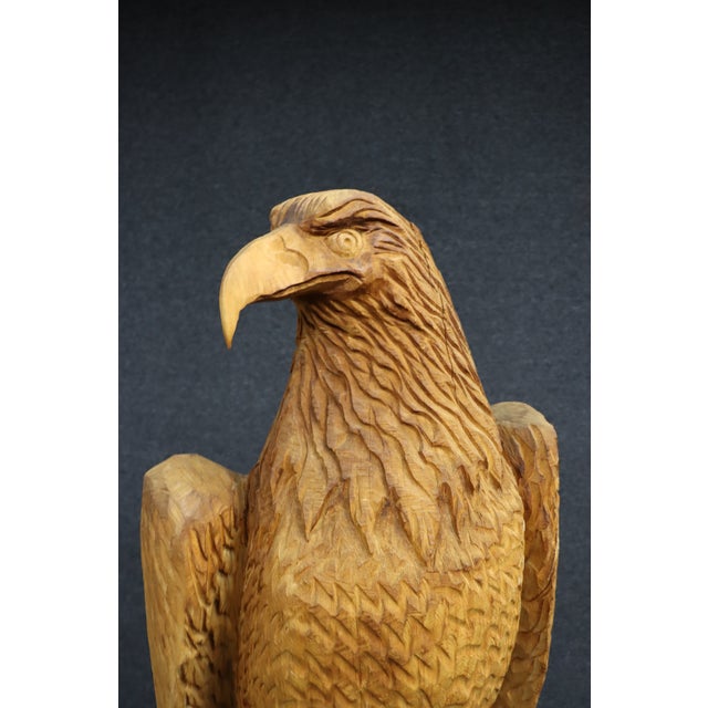 Late 20th Century Large Hand-Carved Pine Bald Eagle Sculpture on Saw-Cut Base For Sale - Image 5 of 13