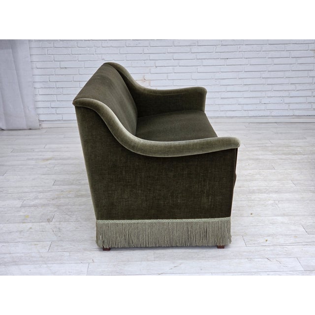 Vintage Danish Three-Seater Sofa in Green Furniture Velour and Beech Wood, 1970s For Sale - Image 10 of 18