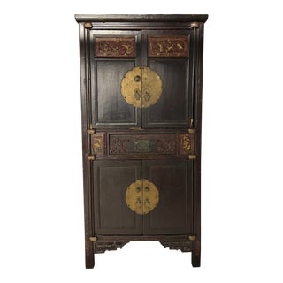 Authentic Antique Chinese Carved Armoire With Brass Hardware For Sale