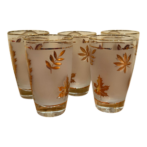 1970s Libbey Gold Leaf Frosted & Golden Drinking Glasses 12 Oz 5 1/4” MCM VTG - Set of 5
