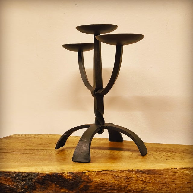 Brutalist Three-Light Chandelier in Hammered Wrought Iron, France, 1960s For Sale - Image 6 of 16