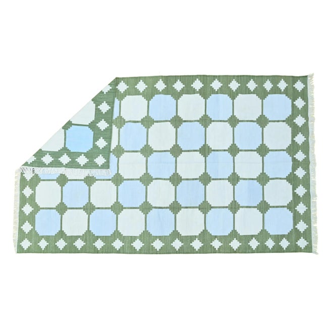 Indian Mishka Rug, 13' x 18', Light Blue, Green and White For Sale - Image 3 of 6