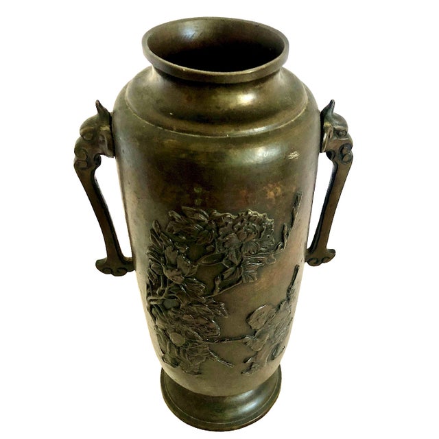 Japanese Meiji Era Patinated Bronze Vase With Peonies and a Child For Sale - Image 13 of 15