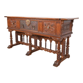 Antique Berkey & Gay English Jacobean Ornate Carved Walnut Sideboard, 1920s For Sale