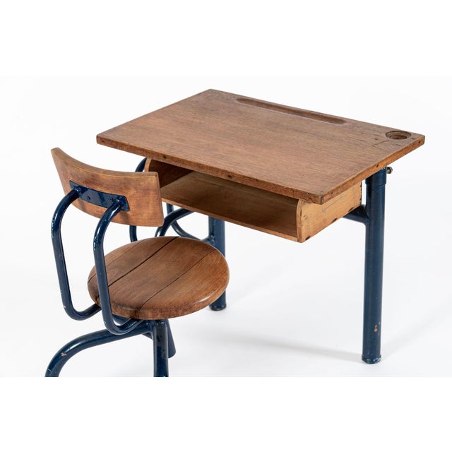 Vintage Antique Wood & Metal Child’s School Desk and Chair in the Style of Jean Prouvé For Sale - Image 12 of 14