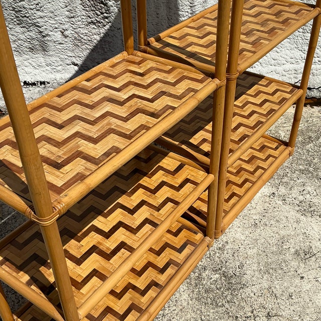 Enhance your decor with the natural charm of this Vintage Coastal Parquet Rattan Etagere. Perfect for American-style...