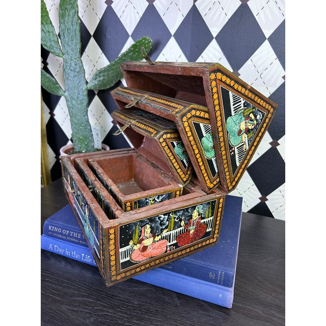 Trio Indian Hand-Painted Nesting Wooden Boxes - Mid 20th Century Set of 3 For Sale - Image 10 of 16