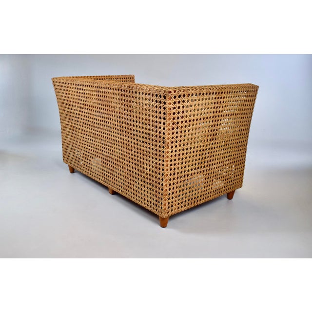 Wood Modern Caned Teak Rattan Loveseat in Blue and White Sunbrella Fabric For Sale - Image 7 of 15