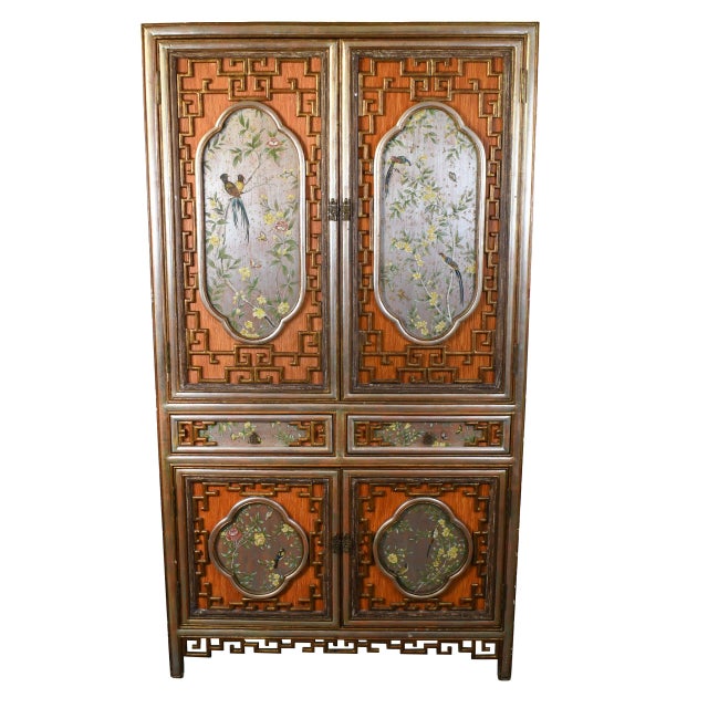 Glass Reverse Mirror Painted Chinoiserie Armoire For Sale - Image 7 of 7