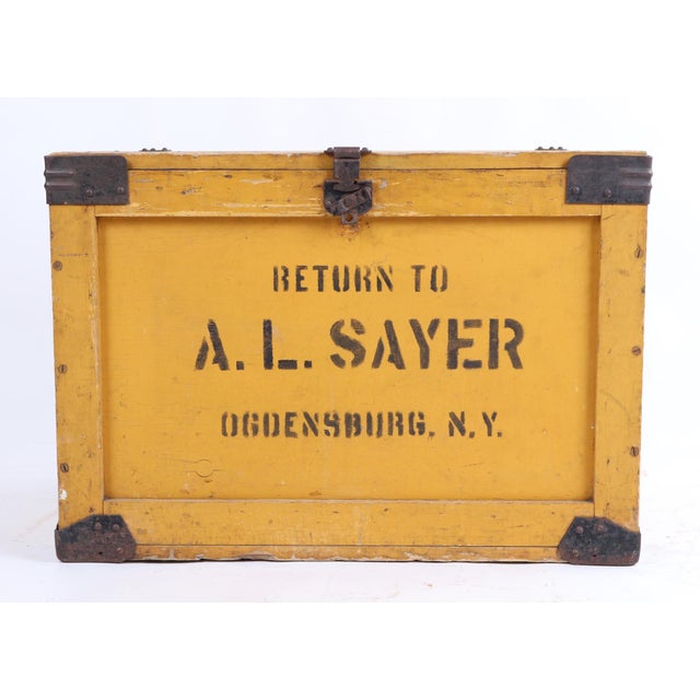 Vintage wood bakery box painted yellow with iron reinforced corners, white interior. Labeled "Return to, A. L. Sayer,...