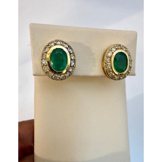 4 Carat Oval Shape Emerald & 1 Ct Diamond Post Back Earrings 14 Kt Yellow Gold For Sale - Image 11 of 18