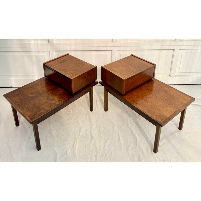 Pair of MCM Stanley Furniture Walnut 2-Tier Stepped Nightstands Side Tables For Sale - Image 14 of 18