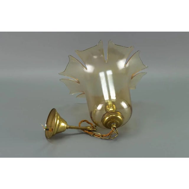 Vintage Bell-Shaped Glass and Brass Pendant Lamp For Sale - Image 11 of 17
