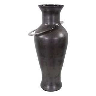 Black Ore Glass Vase with metal accent - Large For Sale