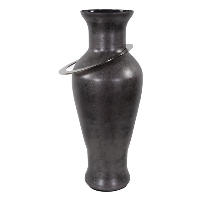 Black Ore Glass Vase with metal accent - Large For Sale