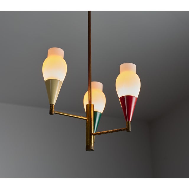 1950s Vintage Italian Brass and Opaline Glass Chandelier, 1950s For Sale - Image 5 of 9