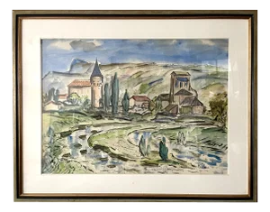 Pressac, Landscape, 1960s, Watercolor on Paper, Framed
