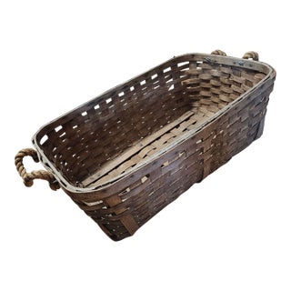 1940s Day Basket Co. Handwoven White Oak Long Market Basket, Stamped For Sale
