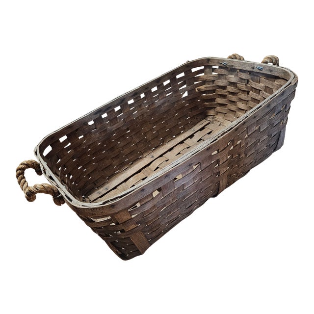 1940s Day Basket Co. Handwoven White Oak Long Market Basket, Stamped For Sale