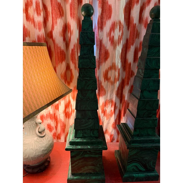 Obelisks Pair With Orb Finial Painted in Faux Malachite. A Pair Neoclassical For Sale - Image 4 of 9