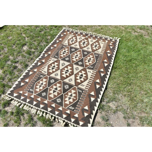 Hand Knotted Oushak Kilim Striped Diamond Line Design Turkish Kilim Rug Size: 3.9 x 5.8 ft (119 x 177 cm) 47 x 70 inches...