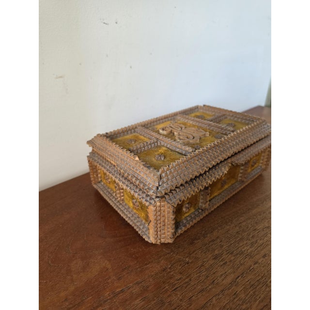 Antique Tramp Art Box Hand Carved Folk Art Keepsake Box Monogram R Velvet Jewelry Box Primitive Wooden Storage Decor For Sale - Image 4 of 15