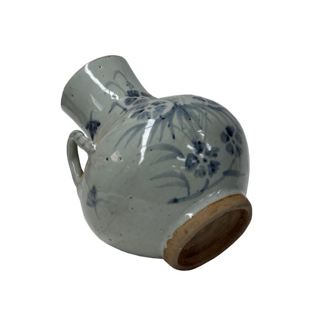 Ceramic Vintage Fade Gray White Pale Blue Floral Graphic Ceramic Vase For Sale - Image 7 of 11