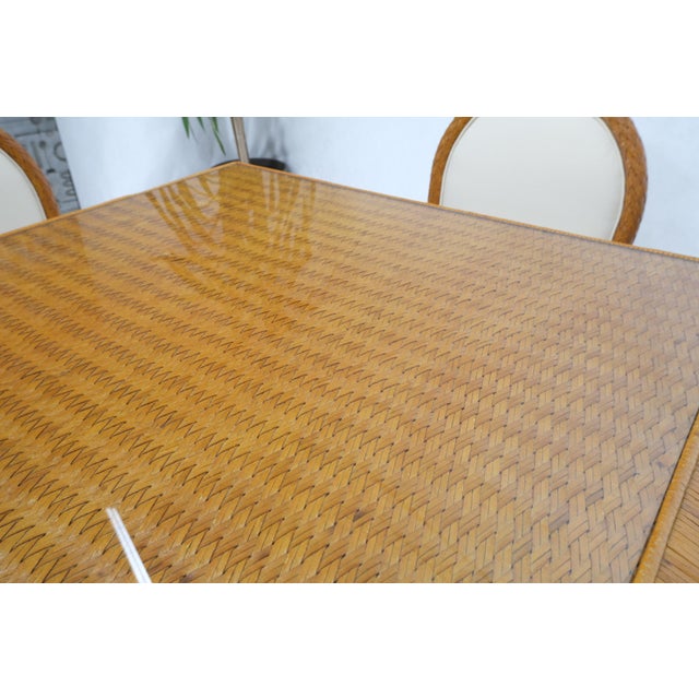 Leather Basket Weave Wicker Style Square Dining Room Table 4 Chairs Glass Top For Sale - Image 13 of 18