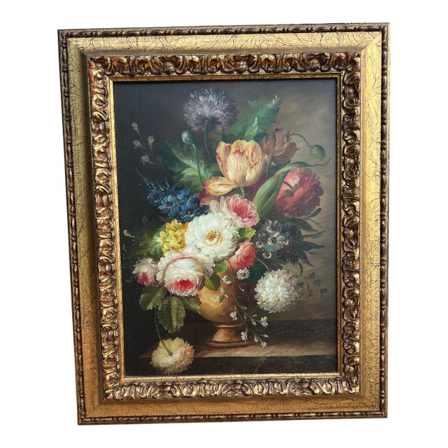 Late 20th Century Floral Still Life Painting in Gold Ornate Frame For Sale