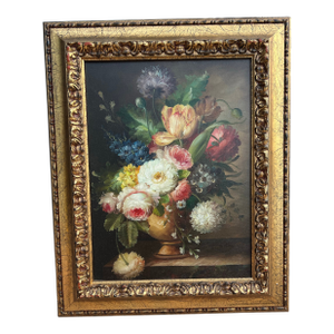 Late 20th Century Floral Still Life Painting in Gold Ornate Frame