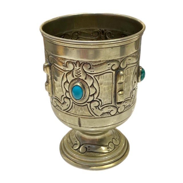 Vintage Alpaca Silver Spanish Goblet Cup With Turquoise Color Cabochon Stone Accents For Sale - Image 12 of 16