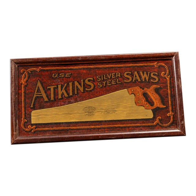 Early 20th Century Framed Atkins Silver Steel Saws Painted Tin Sign For Sale
