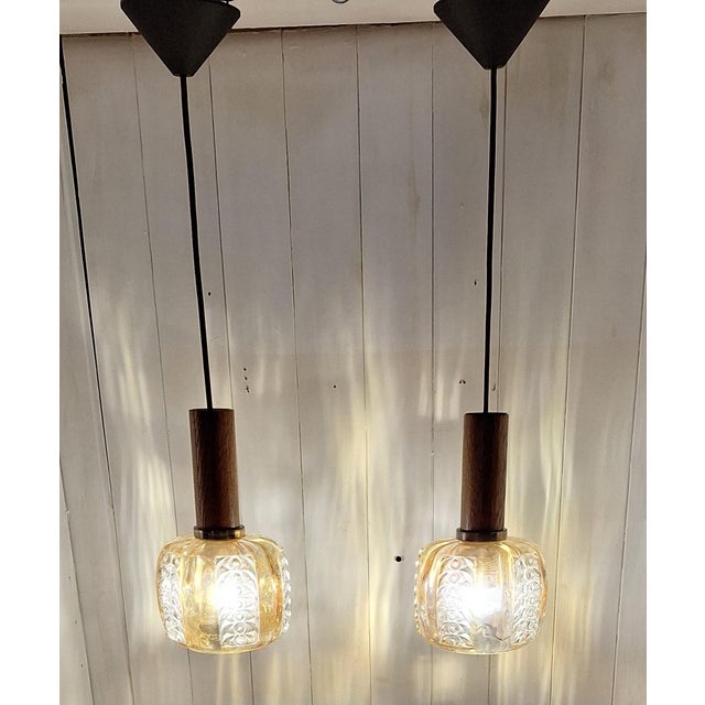 Metal Vintage Ceiling Lamps with Tinted Relief Glass Shades on Oak Mounts, 1970s, Set of 2 For Sale - Image 7 of 7