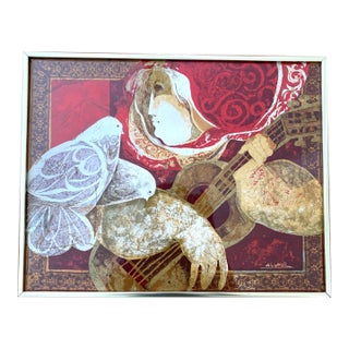 Sunol Alvar Framed Signed Lithograph "The Guitarist and the Pigeons" For Sale
