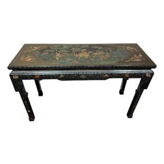 Vintage Chinese Console Table Black Lacquer Chinoiserie Gilt Hand Painted C1950 For Sale