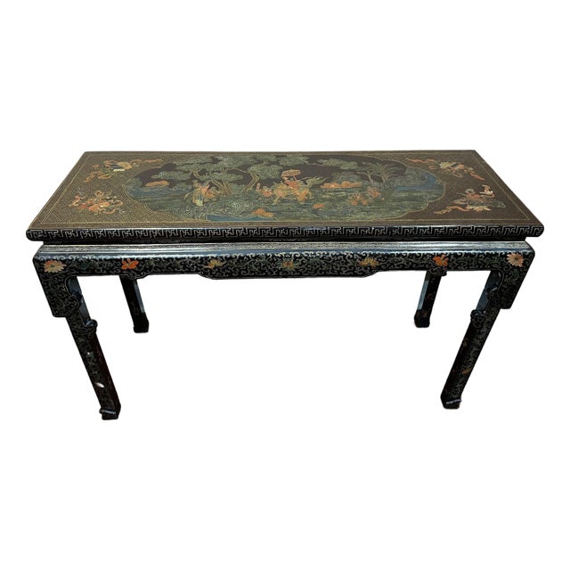 Vintage Chinese Console Table Black Lacquer Chinoiserie Gilt Hand Painted C1950 For Sale