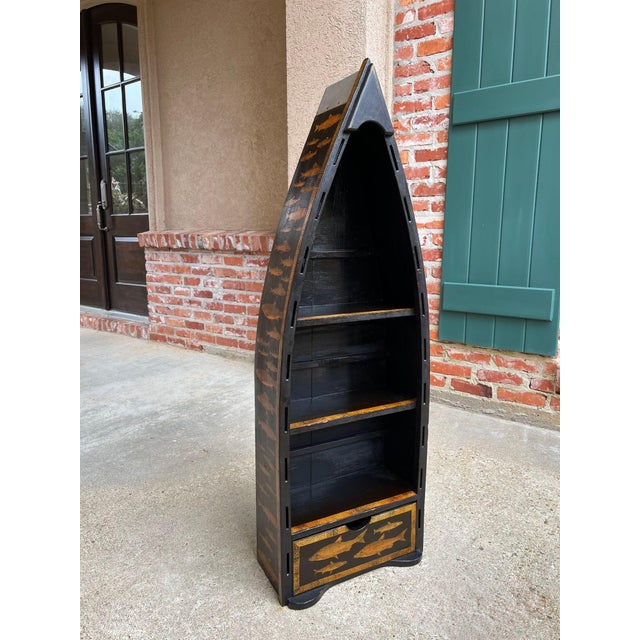 English Boat Form Etagere Black Lacquer Fish Decoupage Collection Bookshelf For Sale - Image 15 of 18