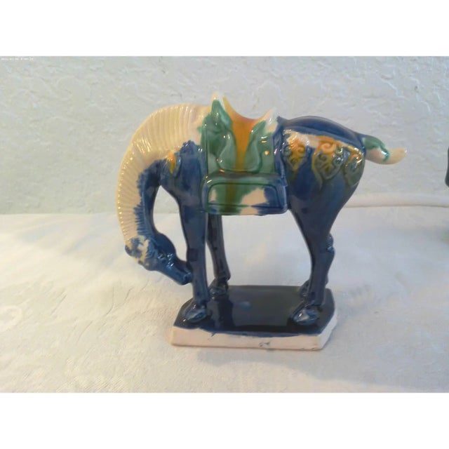 Vintage Tang-Design Chinese Majolica Stallion Figurines, S/3 For Sale - Image 4 of 9