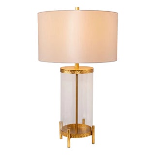 Artemis Glass Cylinder and Hammered Metal Lamp with Gold Feet For Sale
