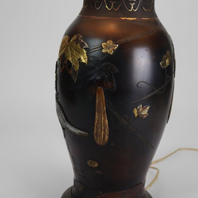 Japanese Antique Japanese Bronze & Mixed Metal Figural & Foliate Lamp C1920 For Sale - Image 3 of 10