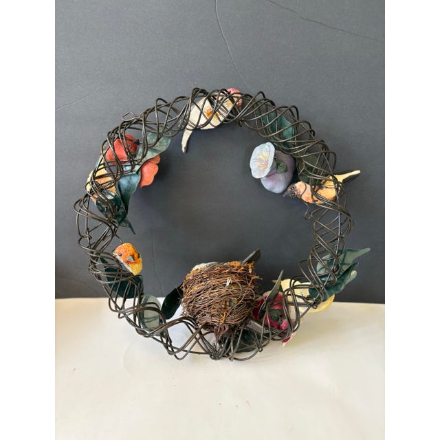 Contemporary Vintage Botanical Bird Wreath Sculpture With Nest, Nature-Inspired Metal Wall Art, Cottage Garden Relief For Sale - Image 3 of 9