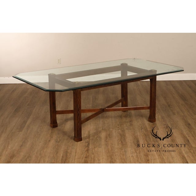 High Quality Fretwork Carved Mahogany Dining Table with Thick Rectangular Beveled Glass Top on X-Stretcher Base